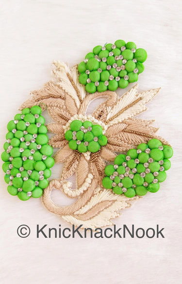 Green, Beige And Off White Embroidered Flower Applique Patch With Diamante Crytals And Gold Matt Beads, 3D Floral Applique